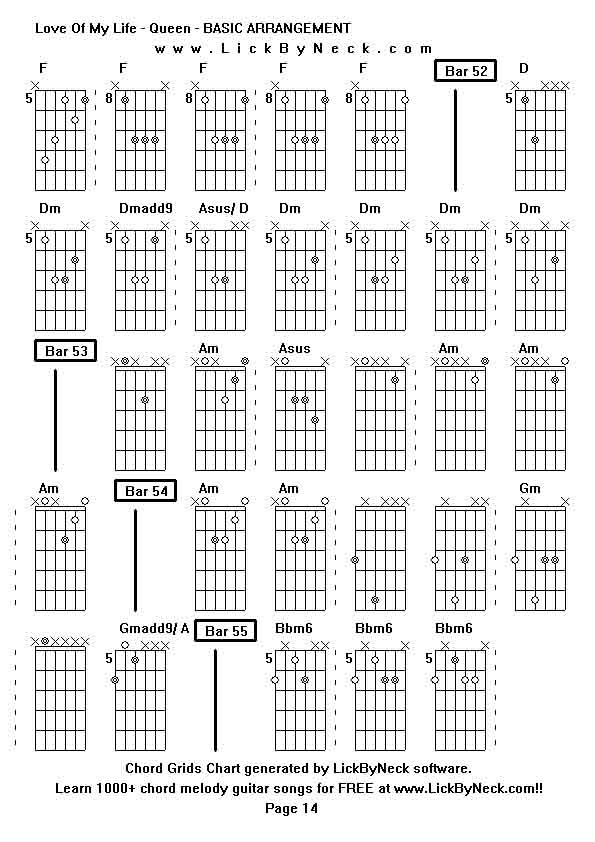 Chord Grids Chart of chord melody fingerstyle guitar song-Love Of My Life - Queen - BASIC ARRANGEMENT,generated by LickByNeck software.